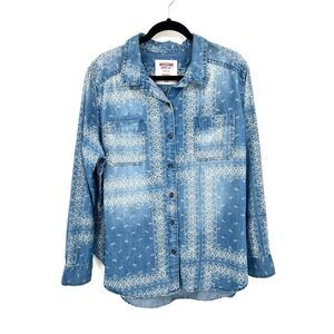 MOSSIMO SUPPLY CO. Blue White Chambray Boyfriend Paisley Button Up Shirt XXL